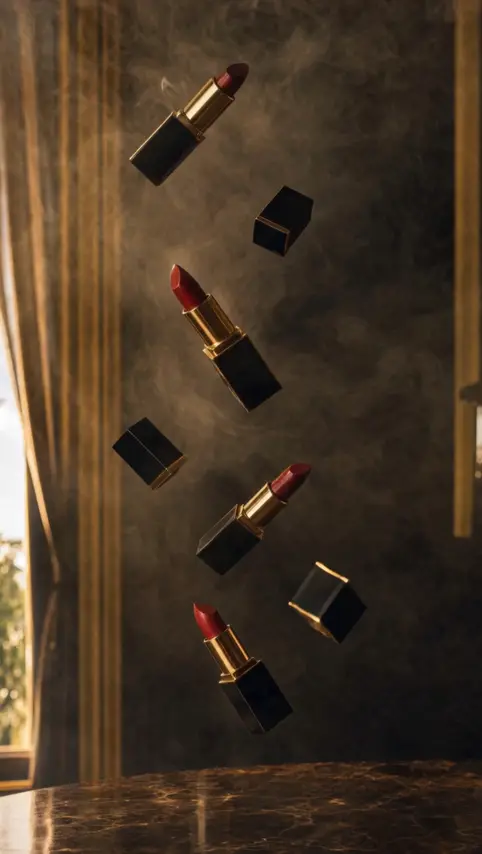 Open lipsticks and their cases tumble slowly through warm light beside a curtained window