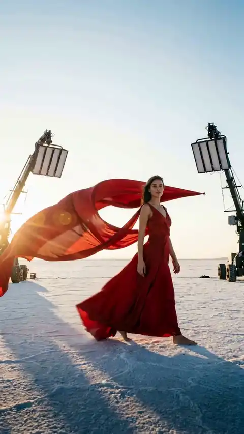 A woman in a long red dress walks a salt flat as fabric streams behind her and film lights stand in shot