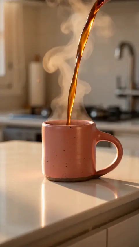 Coffee pours into a speckled pink stoneware mug on a sunlit kitchen counter and steam curls off it
