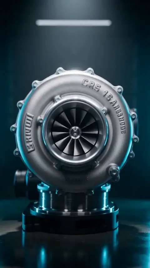A turbocharger, engine block, wheel and coil spring turn in a dark bay before a car sits with its bonnet raised