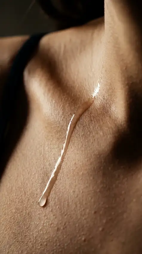 A bead of serum runs slowly down bare skin under a hard side light