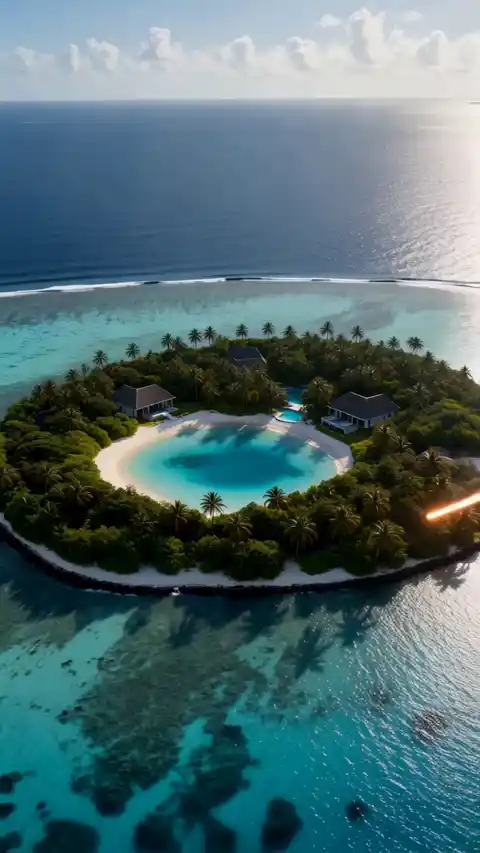 Aerial passes over a turquoise reef, an island villa, desert dunes traced by a light trail, and Earth from orbit