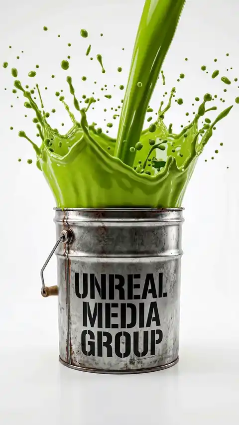 Green paint pours into a tin pail stencilled UNREAL MEDIA GROUP, then colour splashes open into wings around a standing figure