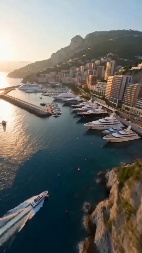 A drone sweeps over the Monaco harbour at golden hour, past moored yachts, the casino domes and terrace pools
