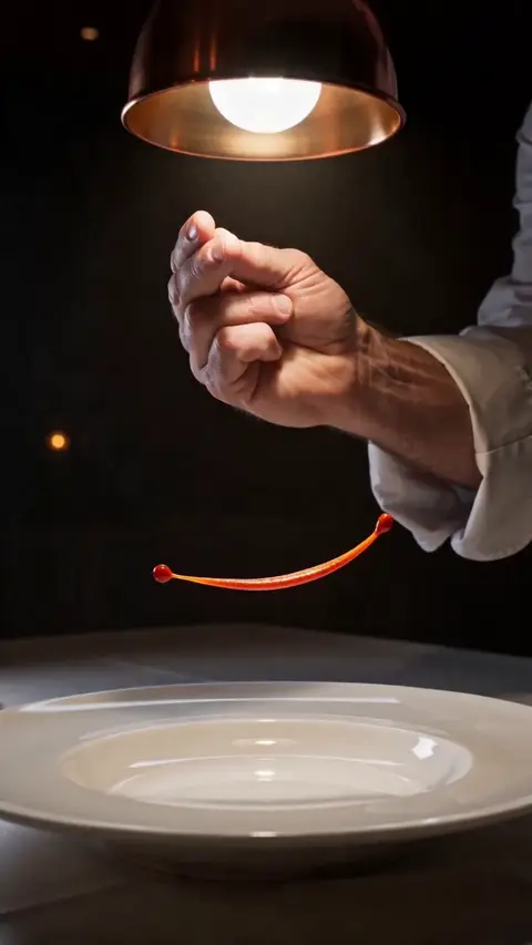 A chef traces a sauce line, ingredients hang suspended in the dark, and a seared scallop lands plated in a dining room