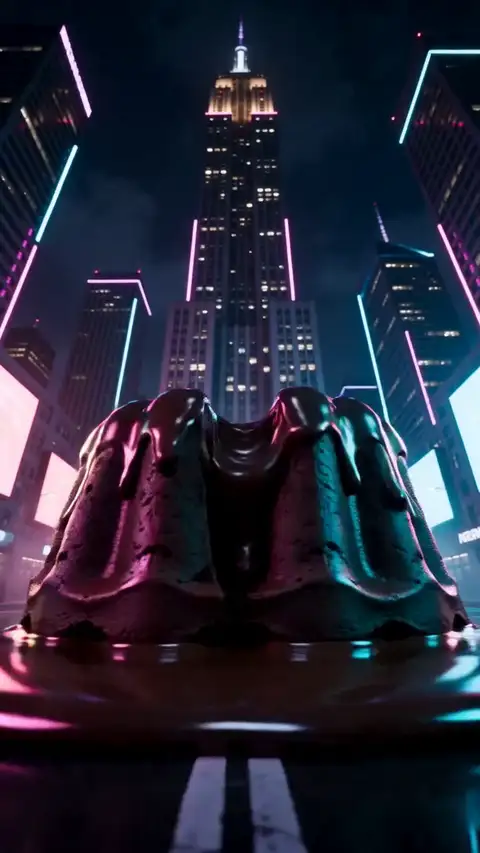 Glossy chocolate desserts rise like balloons through a neon city canyon at night