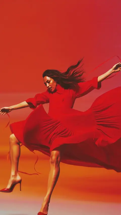 A woman in a long red dress turns and the skirt sweeps wide against a burnt orange backdrop
