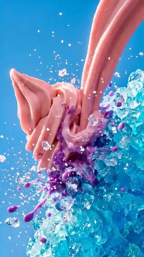 Soft serve curls onto crushed ice as violet syrup threads through the swirl