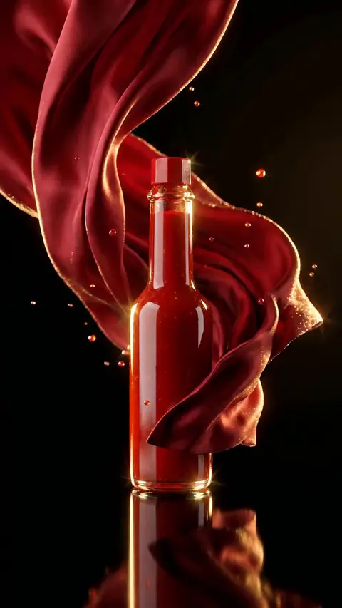 A tall red bottle stands lit on black glass as red silk drifts behind it