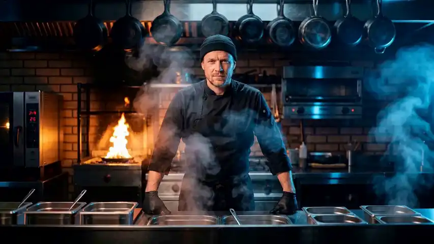 A double cheeseburger hangs apart in mid air above a steel pass, then sits whole in front of open flame
