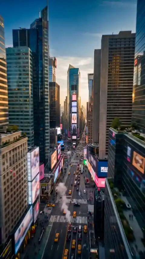 Traffic streams through Times Square, then a panelled dining room and dry aged steaks arriving at the table