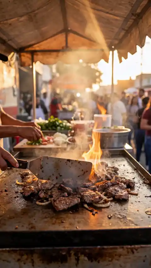 A street grill flares under market awnings, salsas are laid out, and sauce pours over carne asada tacos
