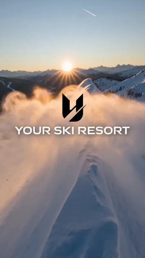 A skier carves through deep powder and launches off a ridge into the sun above a mountain village