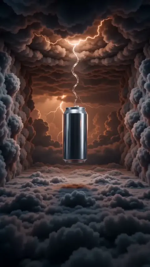 A silver can hangs in a canyon of storm cloud as lightning strikes toward it and titles read defy gravity