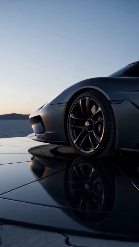 A low silver supercar sits on cracked salt flats then rotates inside a mirrored glass pavilion at dusk