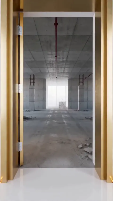 A doorway opens from bare concrete shell to a finished marble kitchen and a lit residential tower