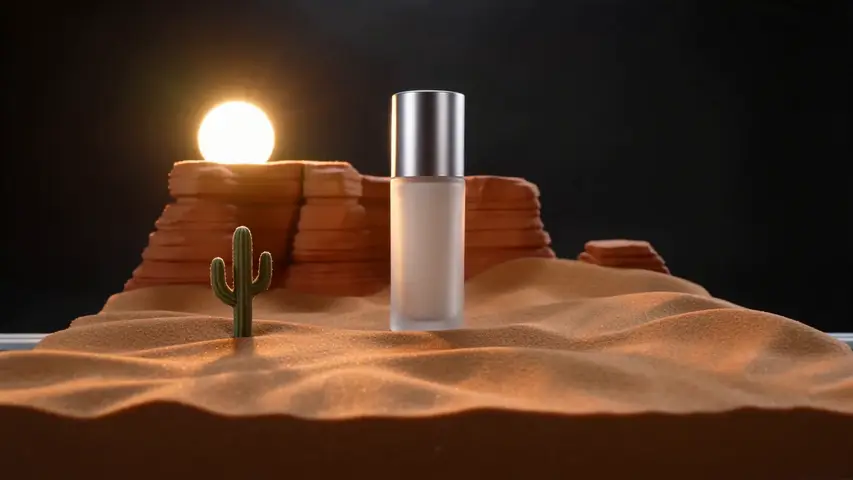 A frosted bottle turns on a motorised plate while the set behind it changes from timber to neon street to snow to beach