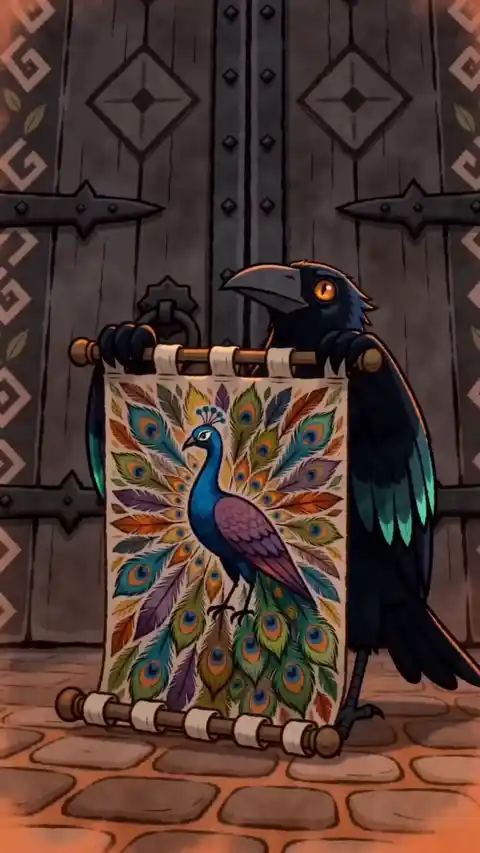 An illustrated crow carries a scroll through a castle gate and unrolls a banner before a cheering crowd