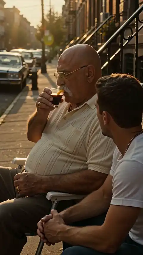 An older man sips coffee beside a younger man on a sunlit street as parked cars stretch behind them