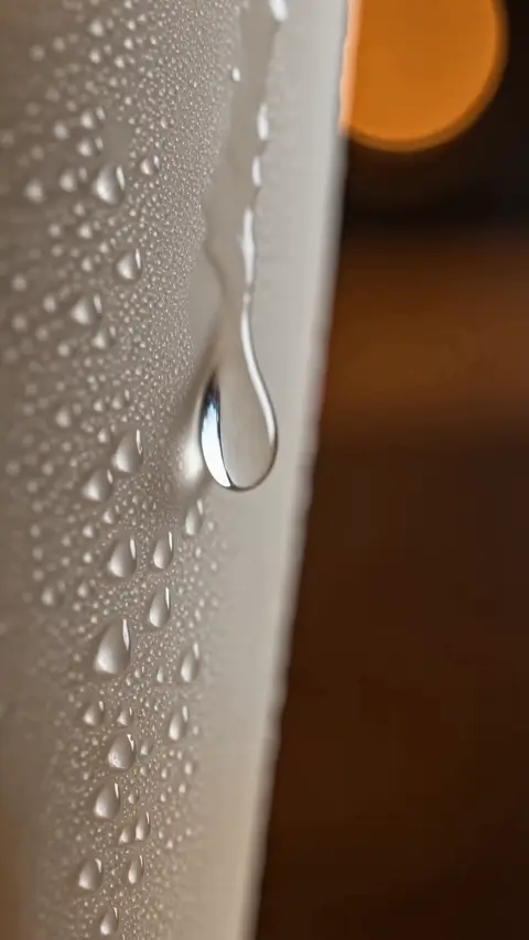 Condensation runs down a chilled glass before espresso spirals into milk and settles over ice on a wooden table