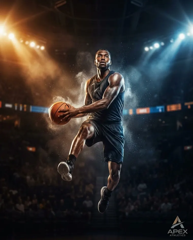 Athletic apparel campaign still in a floodlit arena