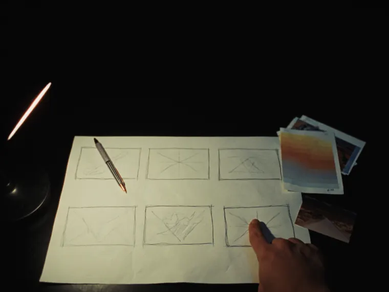 A hand-drawn six-panel storyboard on a desk under one lamp, a reference photo and colour swatches beside it